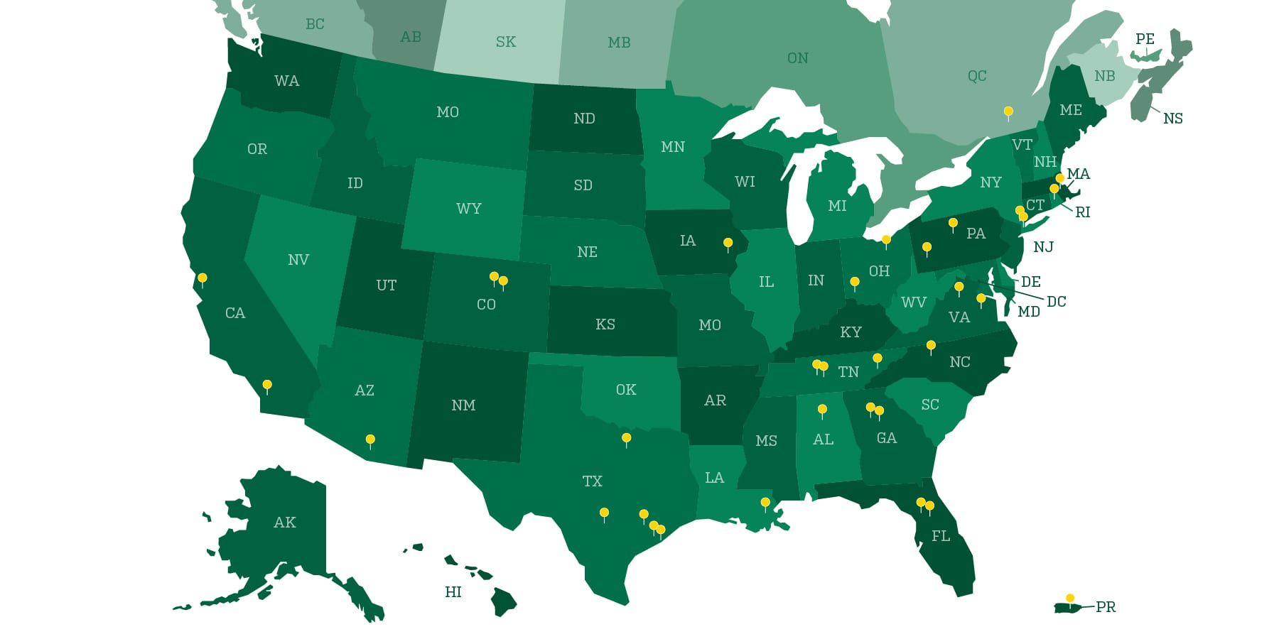 Map showing geographic placements of alumni. All details are in page text below the map.