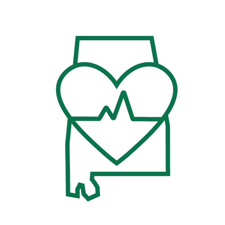 Icon of the state of alabama covered by a heart shape with an ekg line.