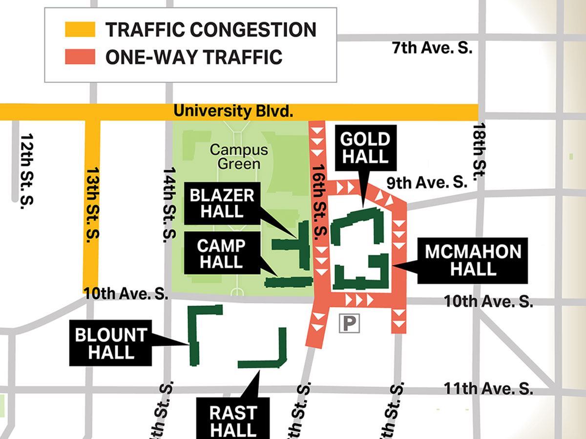 Detail of campus map showing traffic congestion and one-way traffic during move-in 2026. See full description of graphic in article.