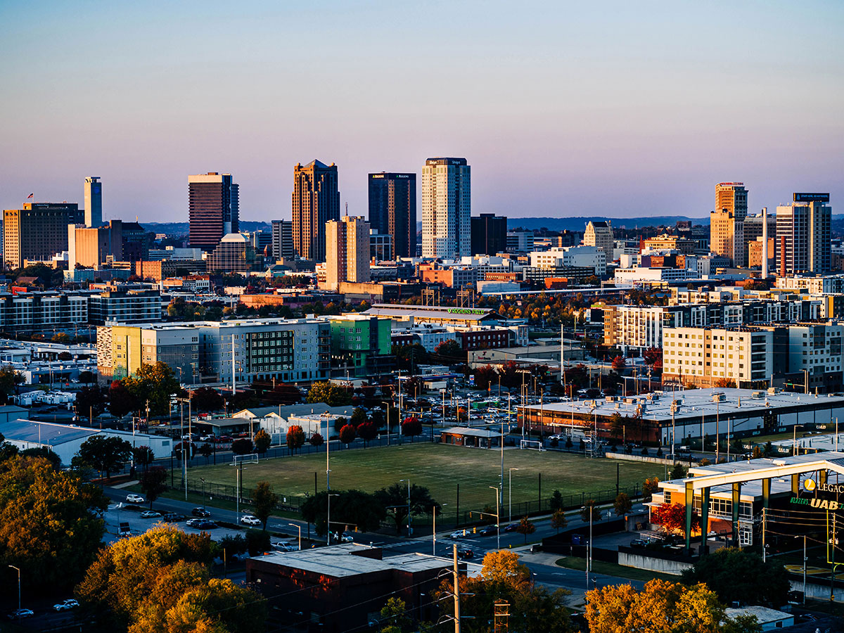 Birmingham skyline as seen from drone over UAB's campus