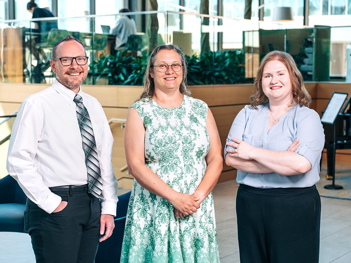 Will Brooks, Ph.D., Heather Patterson, Ph.D., and Nikki Sarabat, UAB employees and students in the Learning Design and Learning Sciences master's program, in Volker Hall