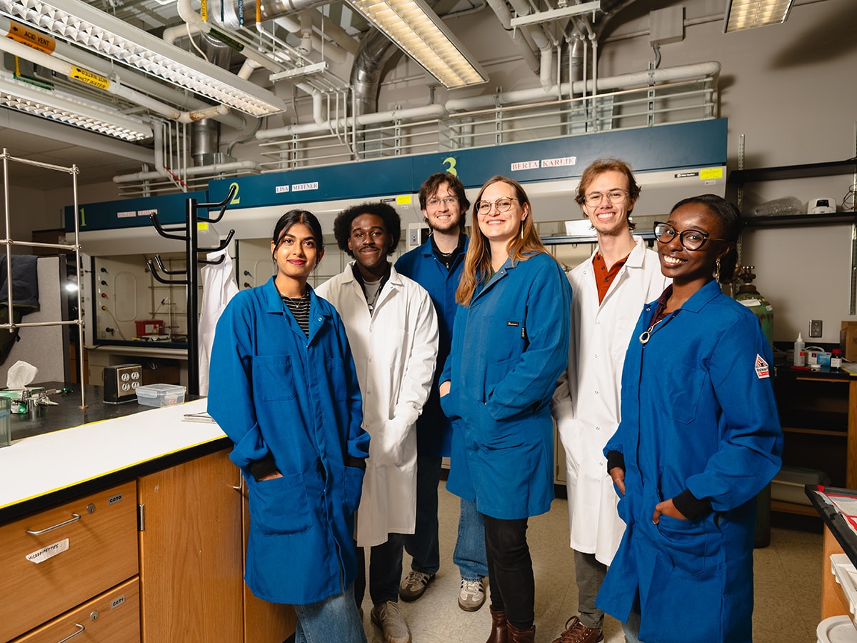 Members of the Mikaela Pyrch lab in their space in the Chemistry Building