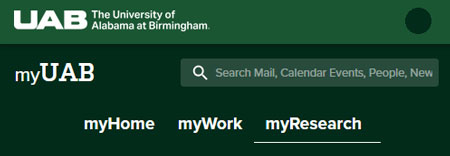 Screenshot highlighting the myResearch tab on the myUAB portal