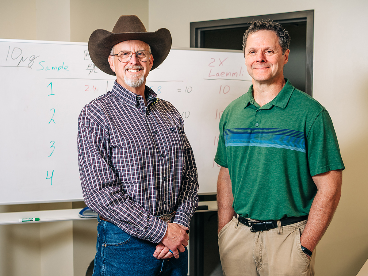 Cameron Sheeler, Ph.D., and Kevin Storr pose in front of a whiteboard in Sheeler's lab