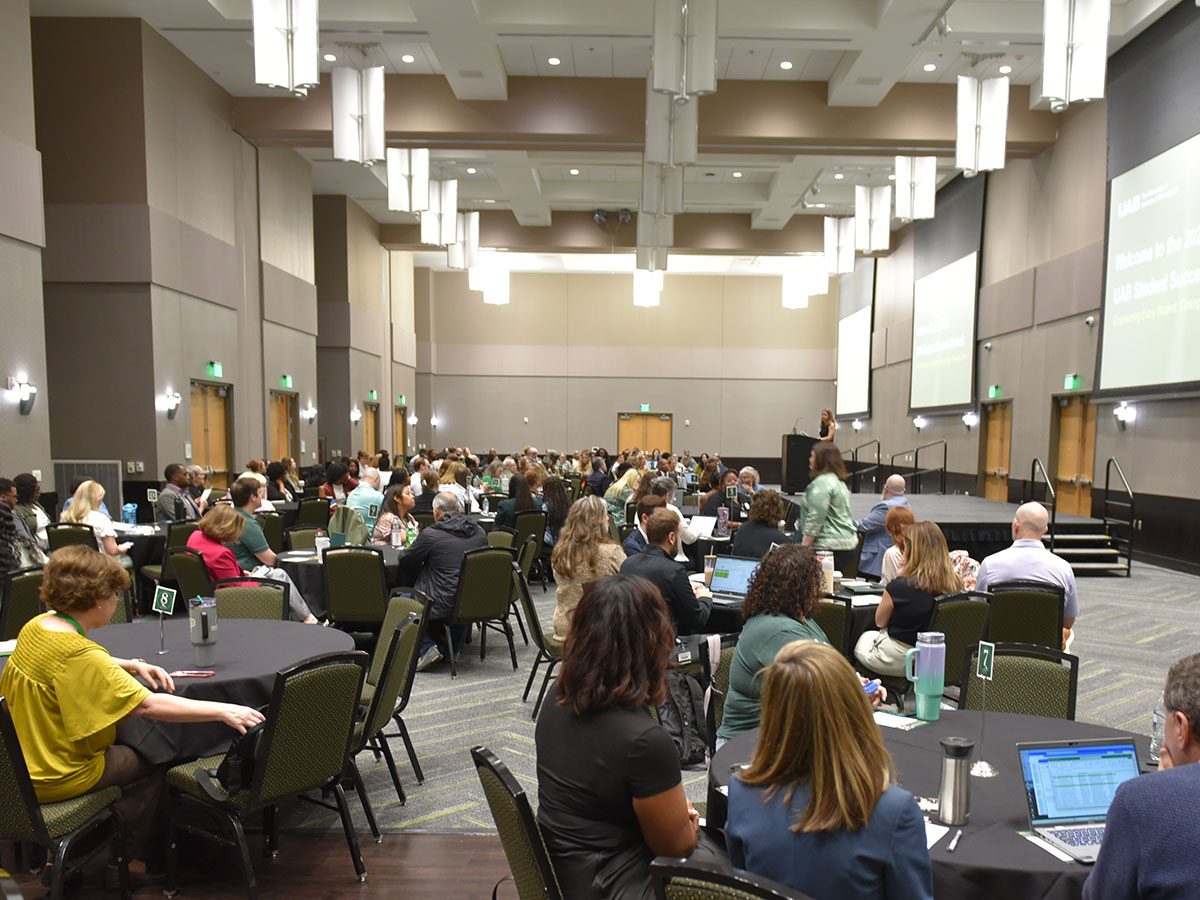 Attendees fill the Hill Student Center ballrooms as they listen to a speaker at the 2026 Student Success Summit