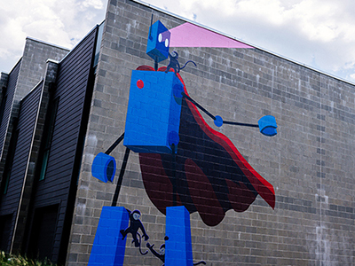 Robot with Monkeys Mural created by Birmingham artist, John Lytle Wilson on Morris Avenue, April 2020.