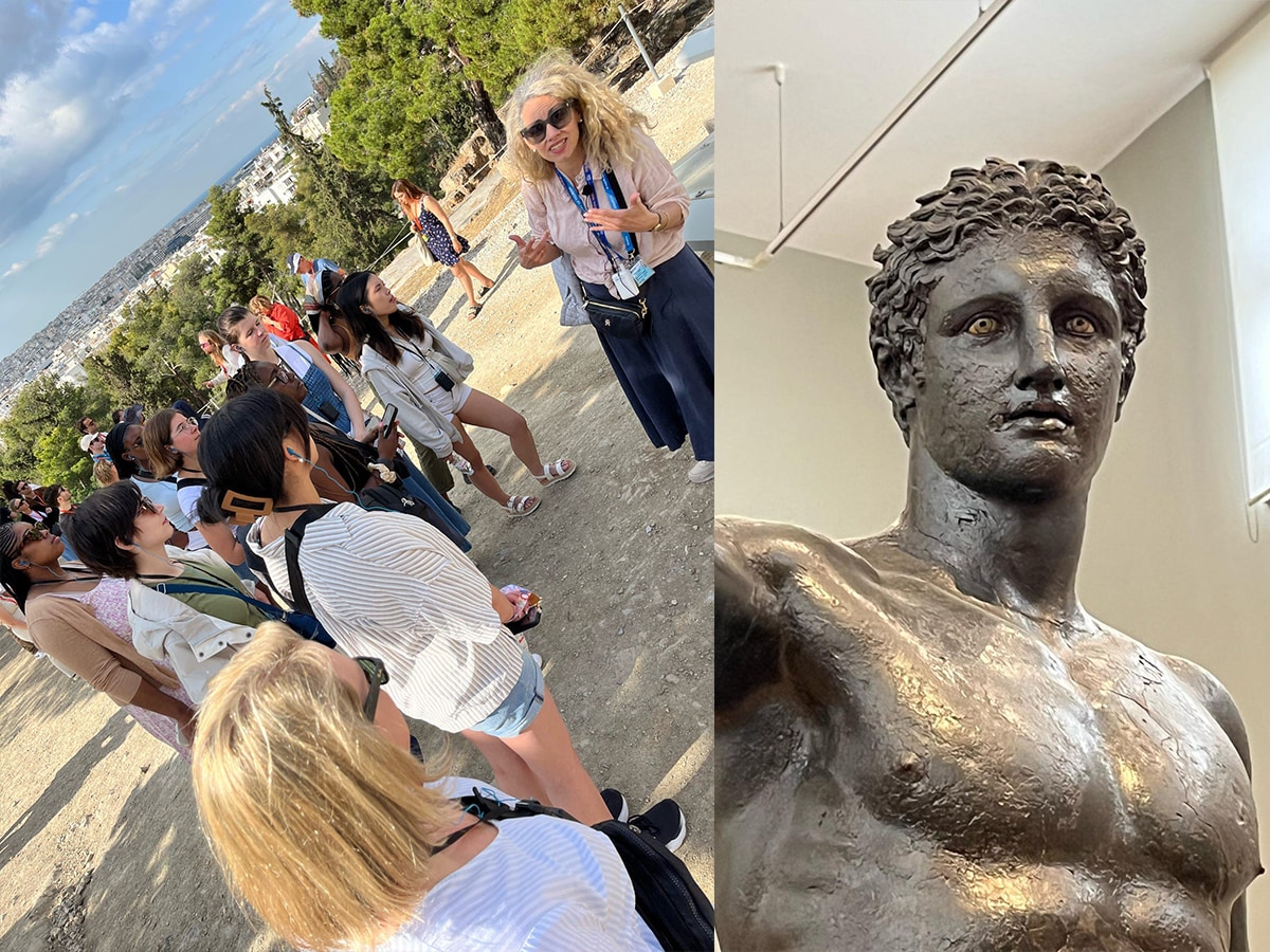 2 images - one of students listening to a teacher, the other a gray statue of a muscular man with laurels.