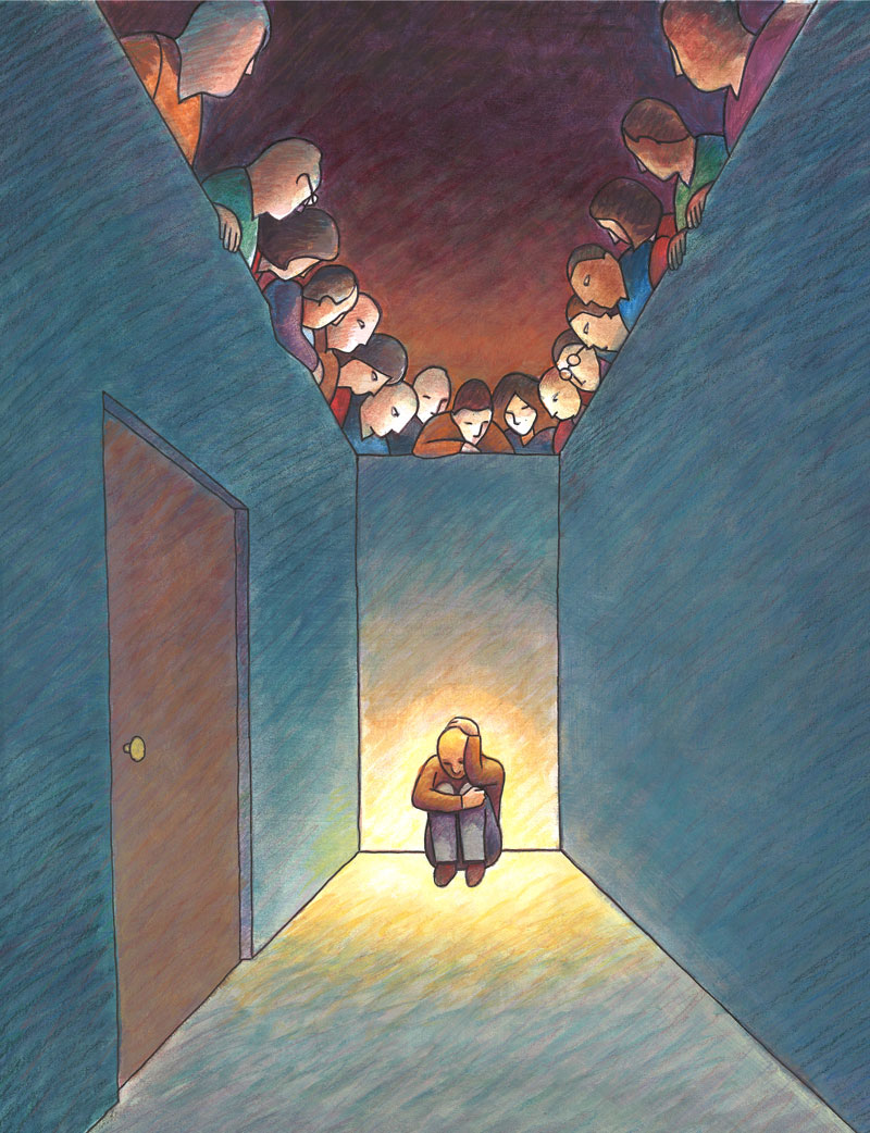 Illustration of man hiding in dead-end hallway with door while people watch him from above