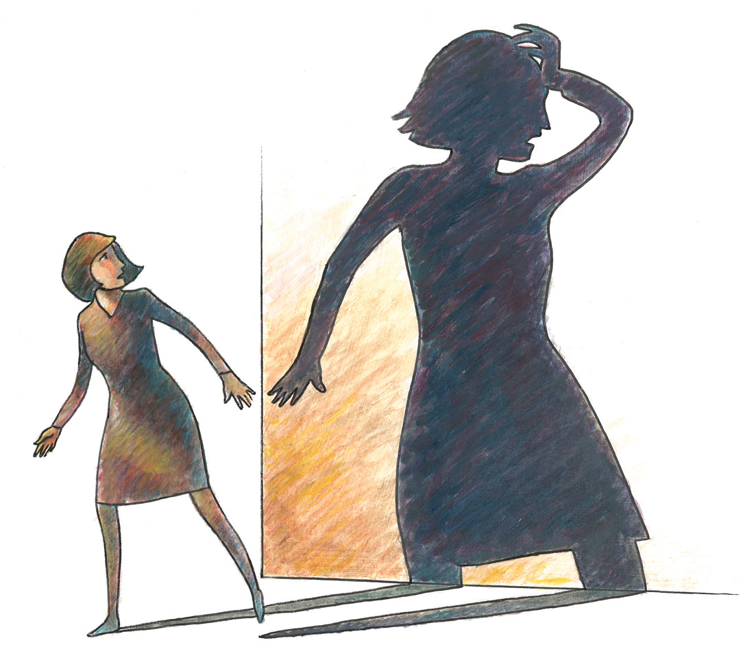 Illustration of woman frightened of her shadow