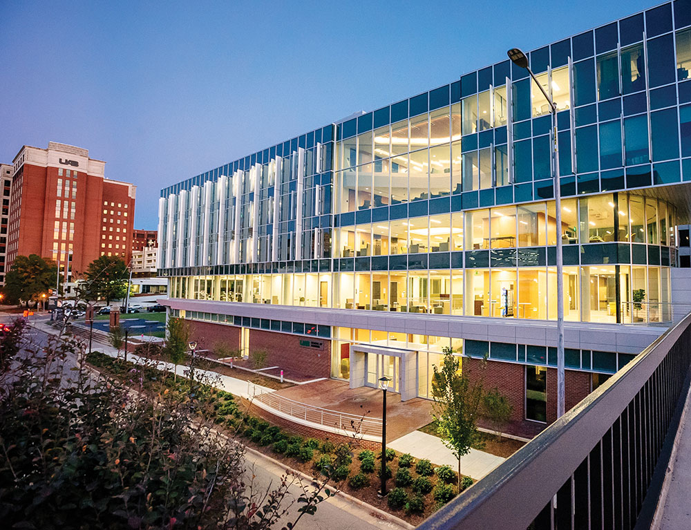 Photo of School of Nursing building at twilight