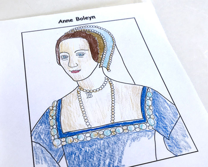 Half-completed coloring page of Anne Boleyn