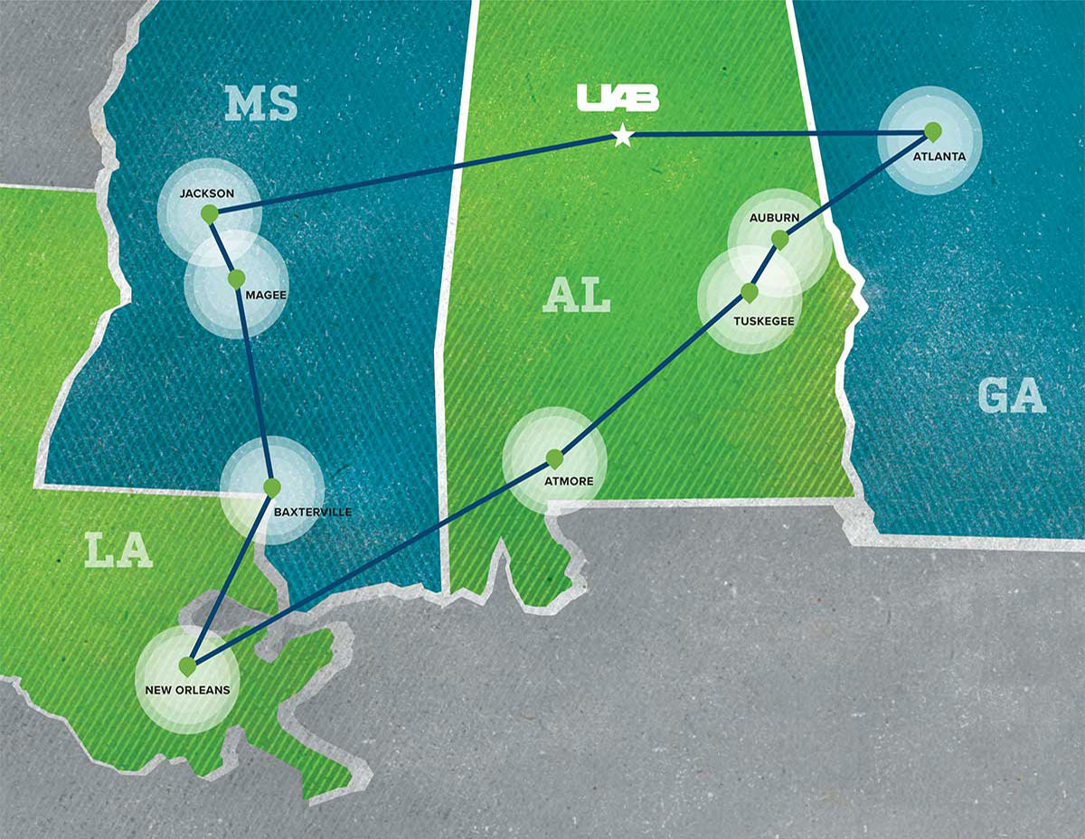 Illustrated map showing route of students' journey, with city names