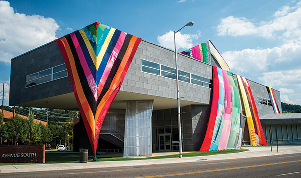 "Magic Chromacity" fabric art installation on AEIVA building