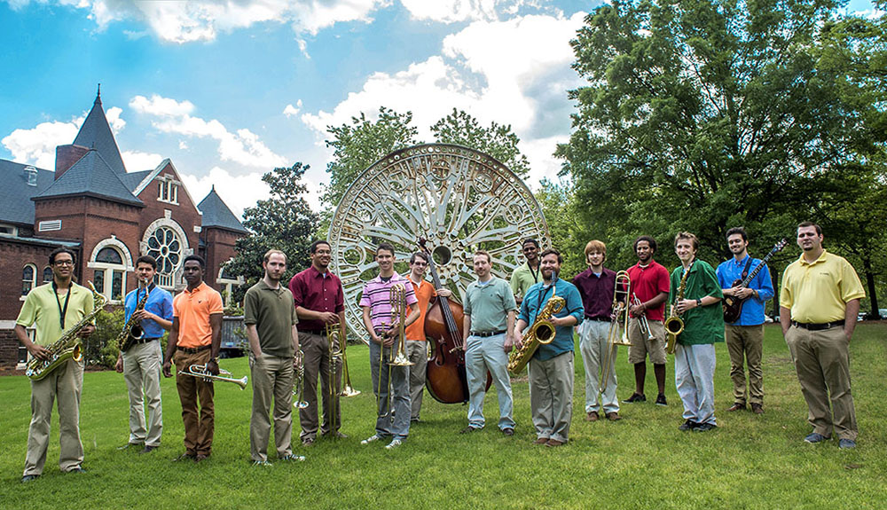 Photo of UAB Jazz Ensemble outside with instruments