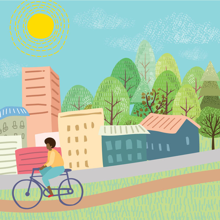 Illustration of woman on bicycle riding on bike path with buildings, trees, and sun behind her