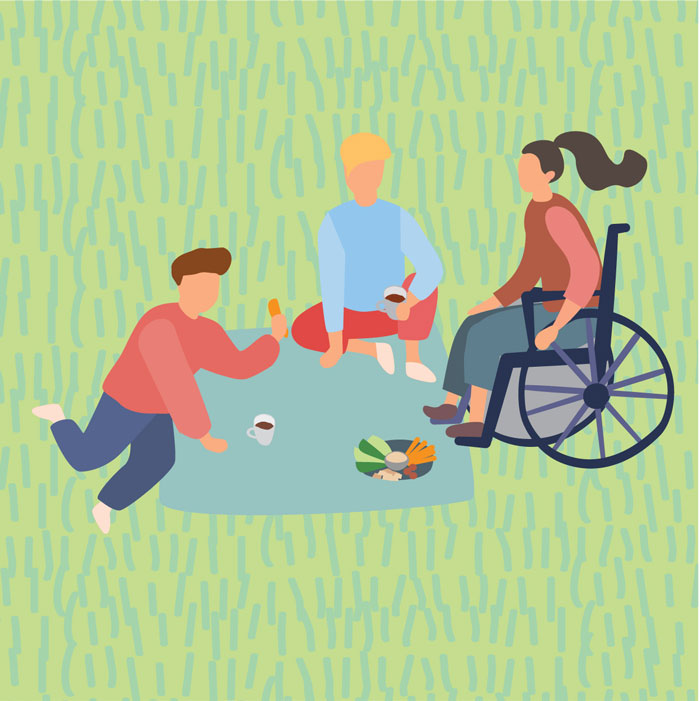 Illustration of three people, including girl in wheelchair, having a picnic on the grass