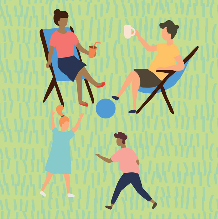 Illustration of two women in chairs talking and two children playing ball in green space