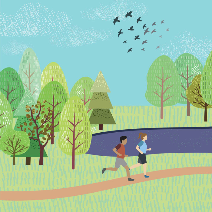 Illustration of two people running in park with trees, blue sky, and flying flock of birds behind them