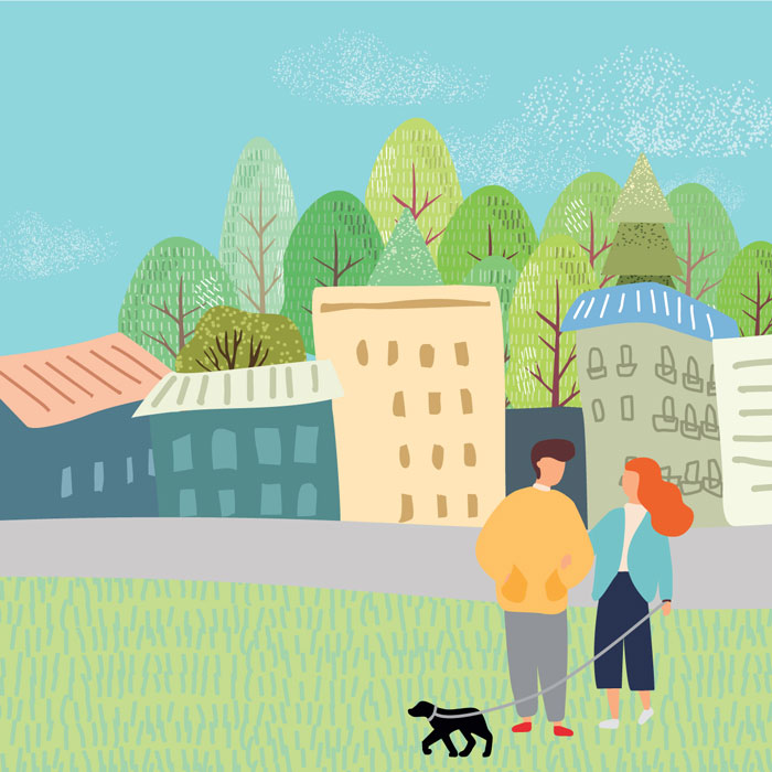 Illustration of two people walking black dog in green space with road, buildings, and trees behind them