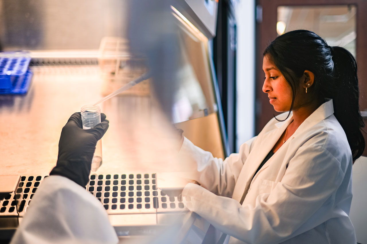 Medical student is wearing a white coat while pipetting under a fume hood in a wet lab.