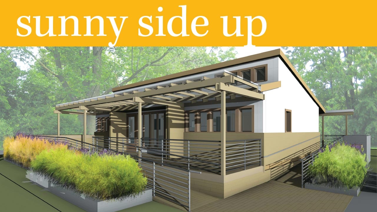 Rendering of completed UAB Solar Decathlon house; headline: Sunny Side Up