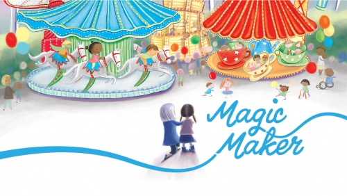 Illustration of Sandy Naramore introducing a child to a theme park; headline: Magic Maker