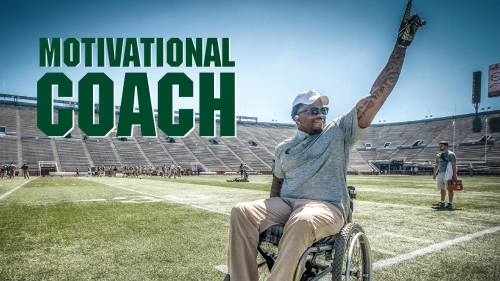 Photo of Timothy Alexander raising finger to the sky during football practice; headline: Motivational Coach