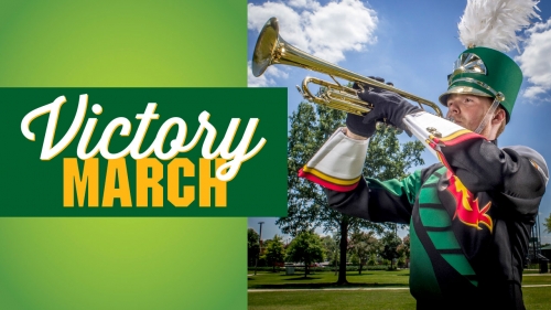 Photo of band member in new uniform playing trumpet; headline: Victory March