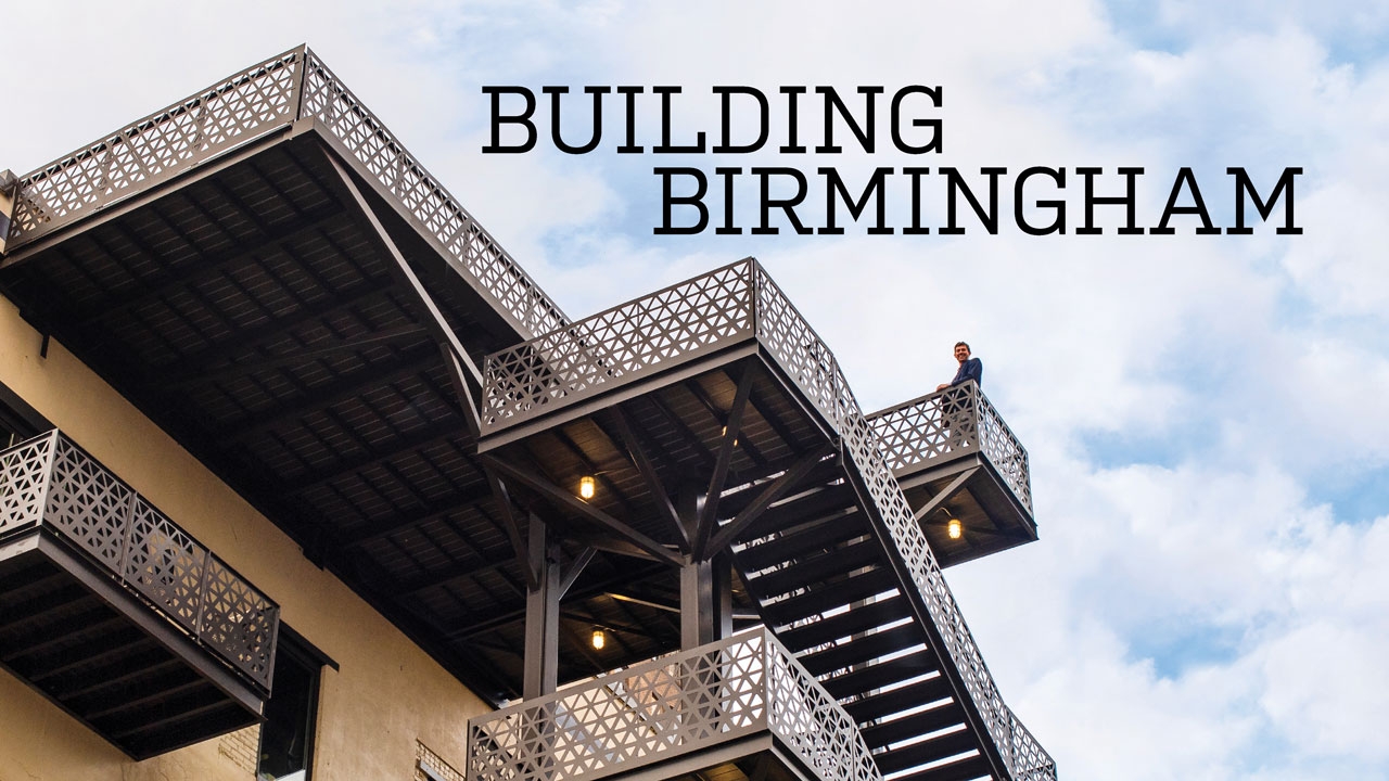 Photo of Hunter Renfroe atop Founders Station staircase; headline: Birmingham Builders