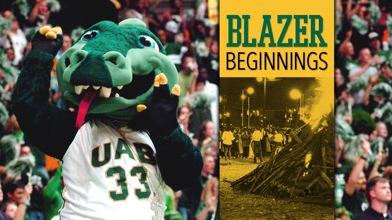 Recent photo of Blaze at basketball game and vintage photo of homecoming; title: Blazer Beginnings