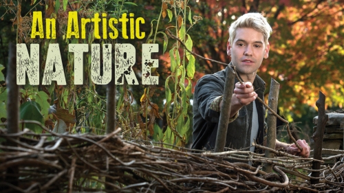 Photo of Jon Woolley weaving branches into a fence; headline: An Artistic Nature