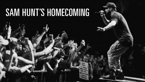 Photo of Sam Hunt performing on stage; headline: Sam Hunt&#039;s Homecoming